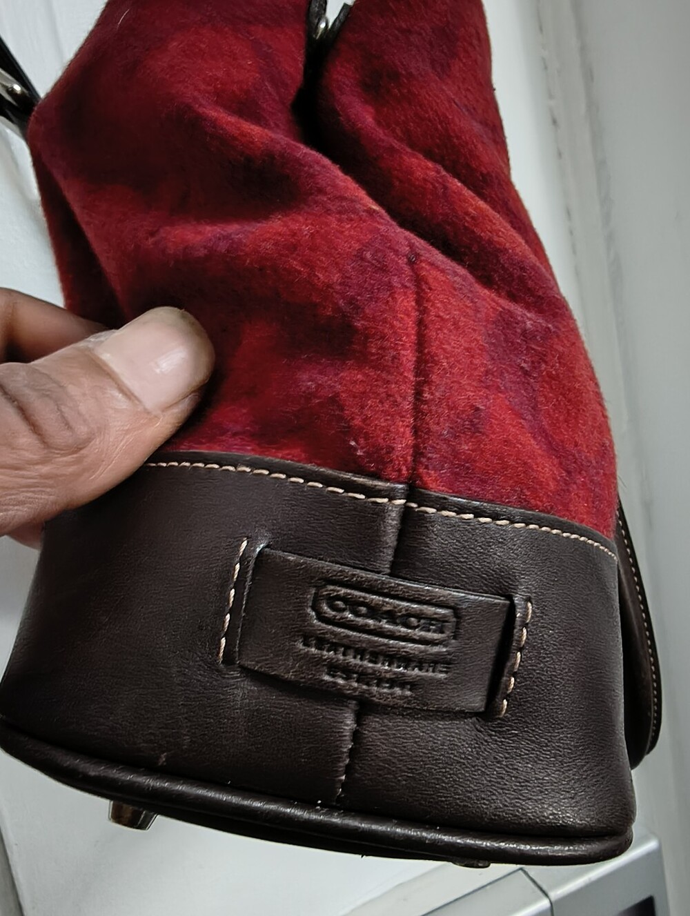 Coach Hamptons Weekend Signature Suede Tote Bag Red Brown Leather Excellent Cond - Picture 4 of 15